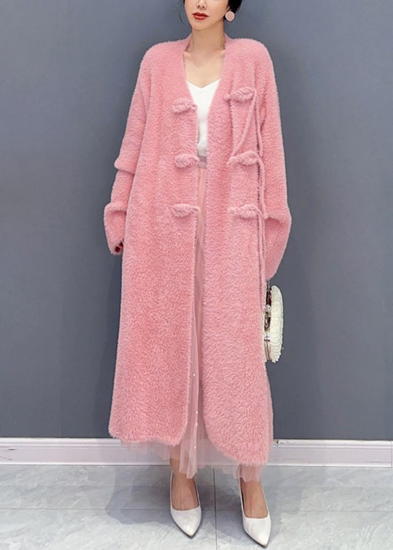 Schöner Rosa Trenchcoat Aus Wolle Mit V-ausschnitt Und Knopf Für Den Winter - Damen-Wollmäntel