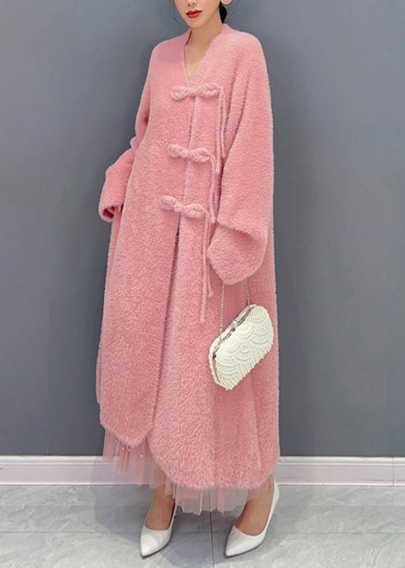 Schöner Rosa Trenchcoat Aus Wolle Mit V-ausschnitt Und Knopf Für Den Winter - Damen-Wollmäntel