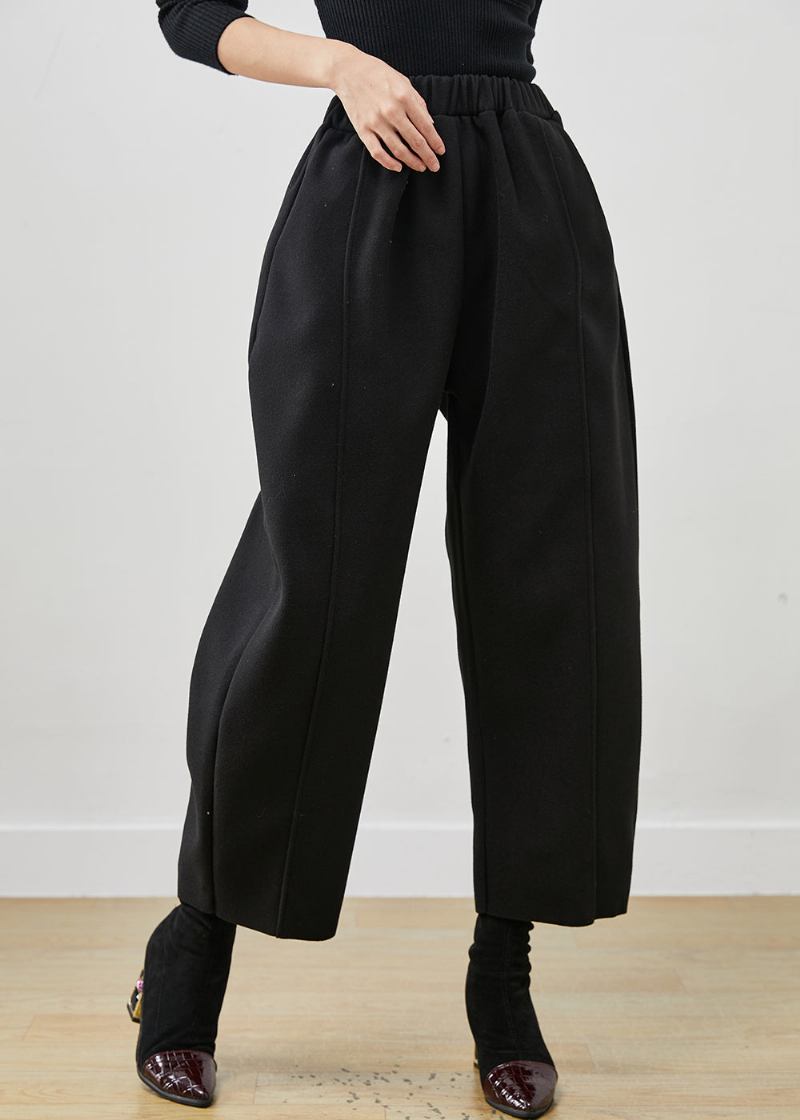 Schwarze Übergroße Woll-crop-hose Mit Elastischem Bund Im Bohemian-stil Frühling