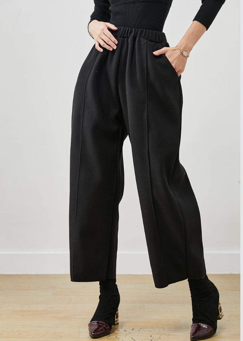 Schwarze Übergroße Woll-crop-hose Mit Elastischem Bund Im Bohemian-stil Frühling - Damen-Wollmäntel