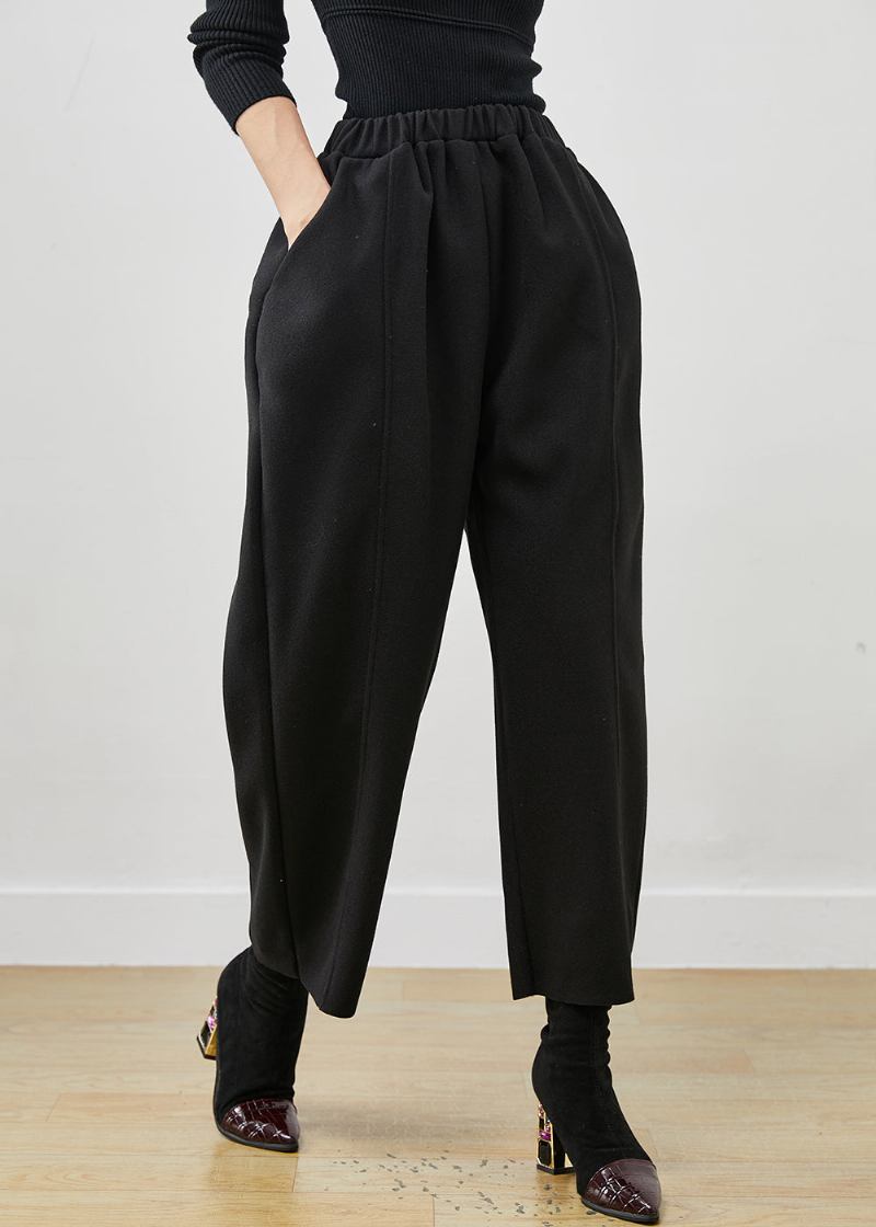 Schwarze Übergroße Woll-crop-hose Mit Elastischem Bund Im Bohemian-stil Frühling - Damen-Wollmäntel