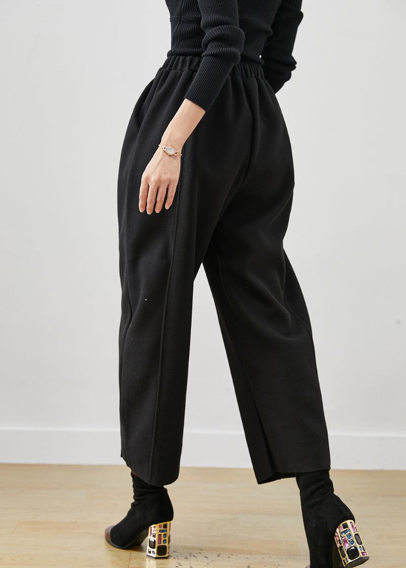 Schwarze Übergroße Woll-crop-hose Mit Elastischem Bund Im Bohemian-stil Frühling - Damen-Wollmäntel