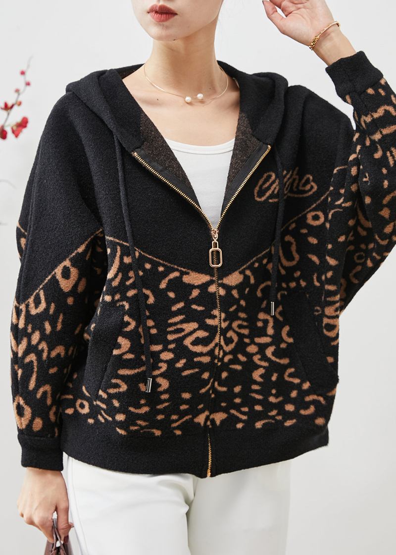 Schwarze Wolljacke Mit Kapuze Und Leopardenmuster Frühling - Damen-Wollmäntel