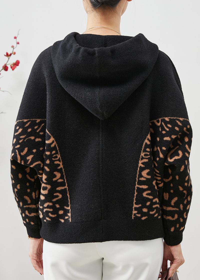 Schwarze Wolljacke Mit Kapuze Und Leopardenmuster Frühling - Damen-Wollmäntel