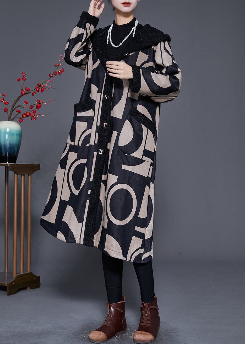 Schwarzer Trenchcoat Aus Fleecewolle Mit Print Und Kapuze Für Den Winter - Damen-Wollmäntel