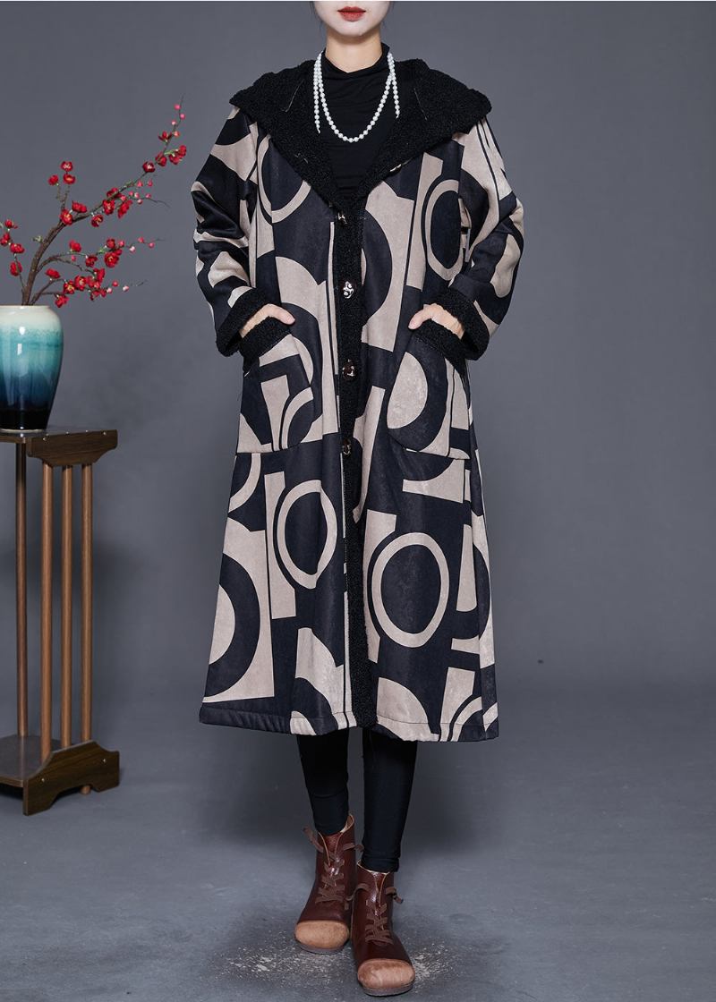 Schwarzer Trenchcoat Aus Fleecewolle Mit Print Und Kapuze Für Den Winter - Damen-Wollmäntel