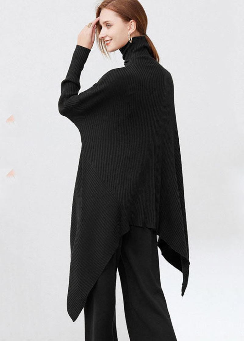 Schwarzer Übergroßer Wollpullover Mit Asymmetrischem Design Langärmlig - Schwarz