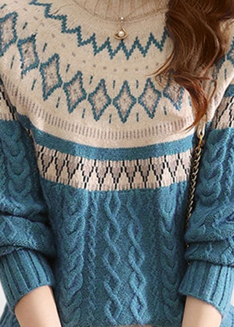 Stilvolle Blaue Wollpullover Mit Zopfmuster Und Stehkragen Für Den Winter - Damen-Wollmäntel