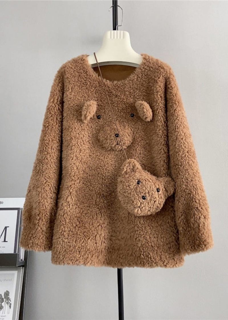 Süßer Kaffeefarbener Lässiger Wollpullover Mit Rundhalsausschnitt Und Teddybär Für Den Winter