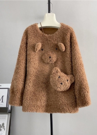 Süßer Kaffeefarbener Lässiger Wollpullover Mit Rundhalsausschnitt Und Teddybär Für Den Winter