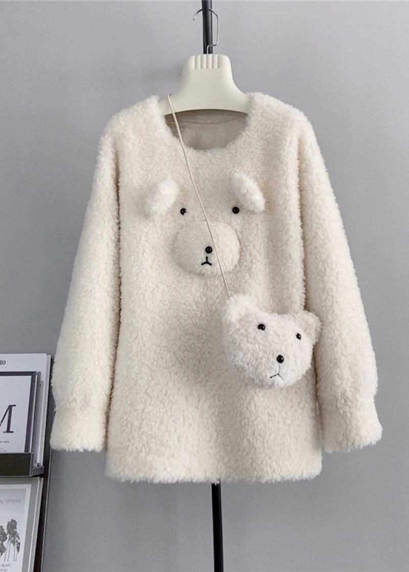 Süßer Kaffeefarbener Lässiger Wollpullover Mit Rundhalsausschnitt Und Teddybär Für Den Winter - Damen-Wollmäntel