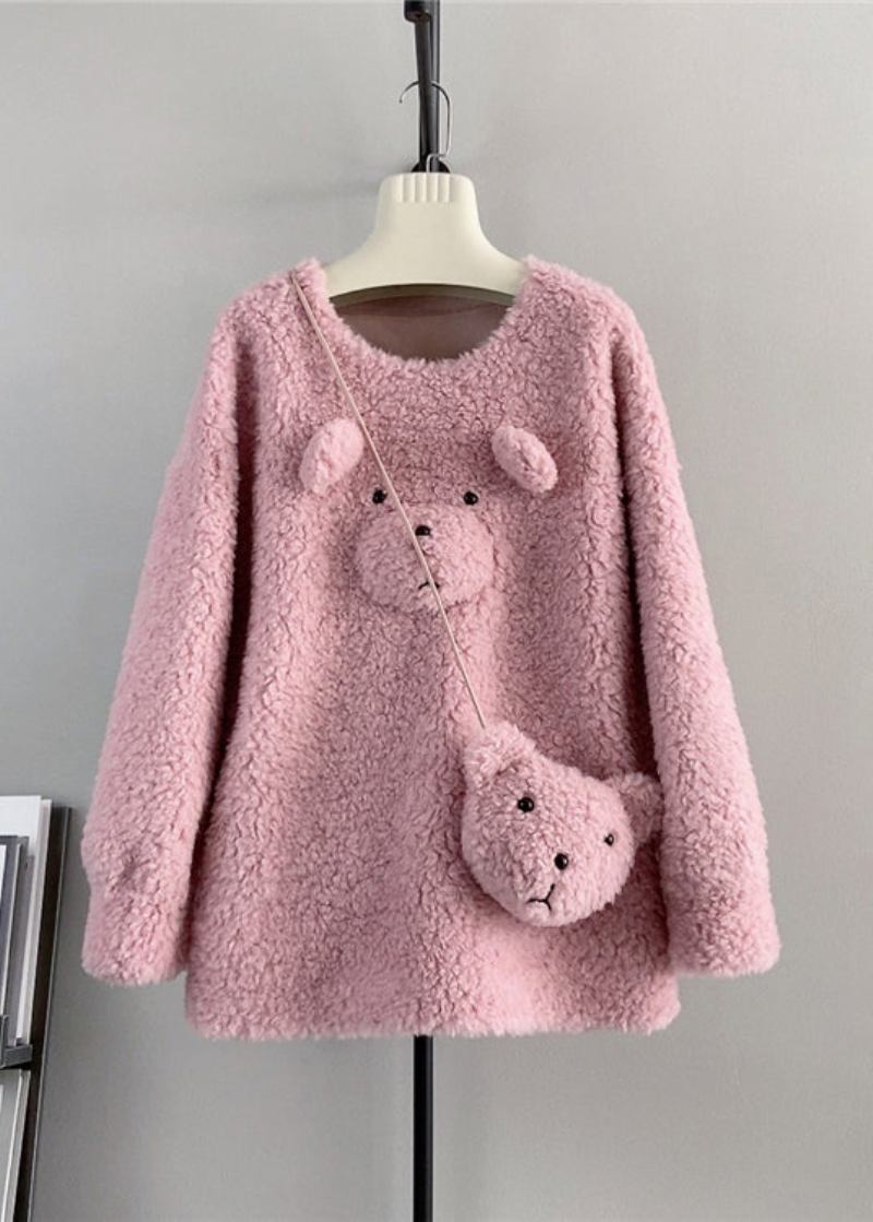 Süßer Kaffeefarbener Lässiger Wollpullover Mit Rundhalsausschnitt Und Teddybär Für Den Winter - Damen-Wollmäntel