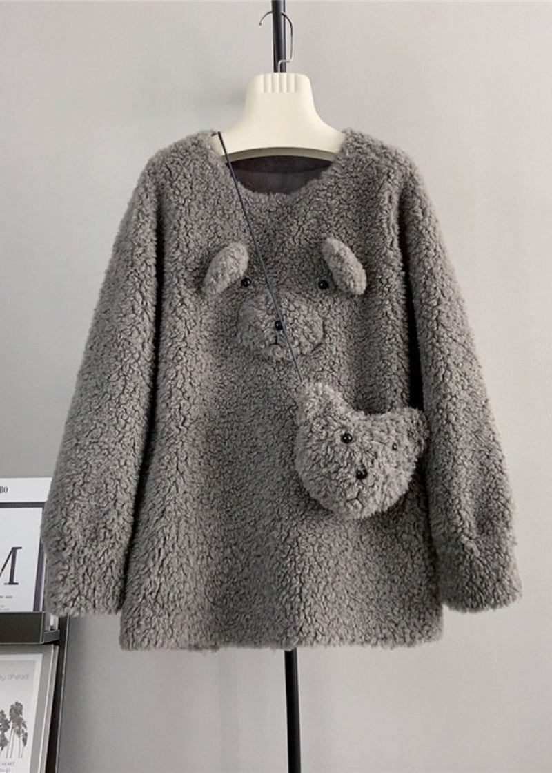 Süßer Kaffeefarbener Lässiger Wollpullover Mit Rundhalsausschnitt Und Teddybär Für Den Winter - Damen-Wollmäntel