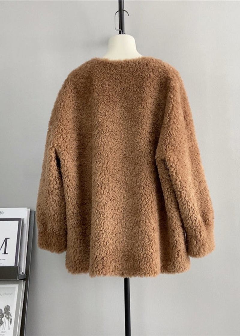 Süßer Kaffeefarbener Lässiger Wollpullover Mit Rundhalsausschnitt Und Teddybär Für Den Winter - Damen-Wollmäntel