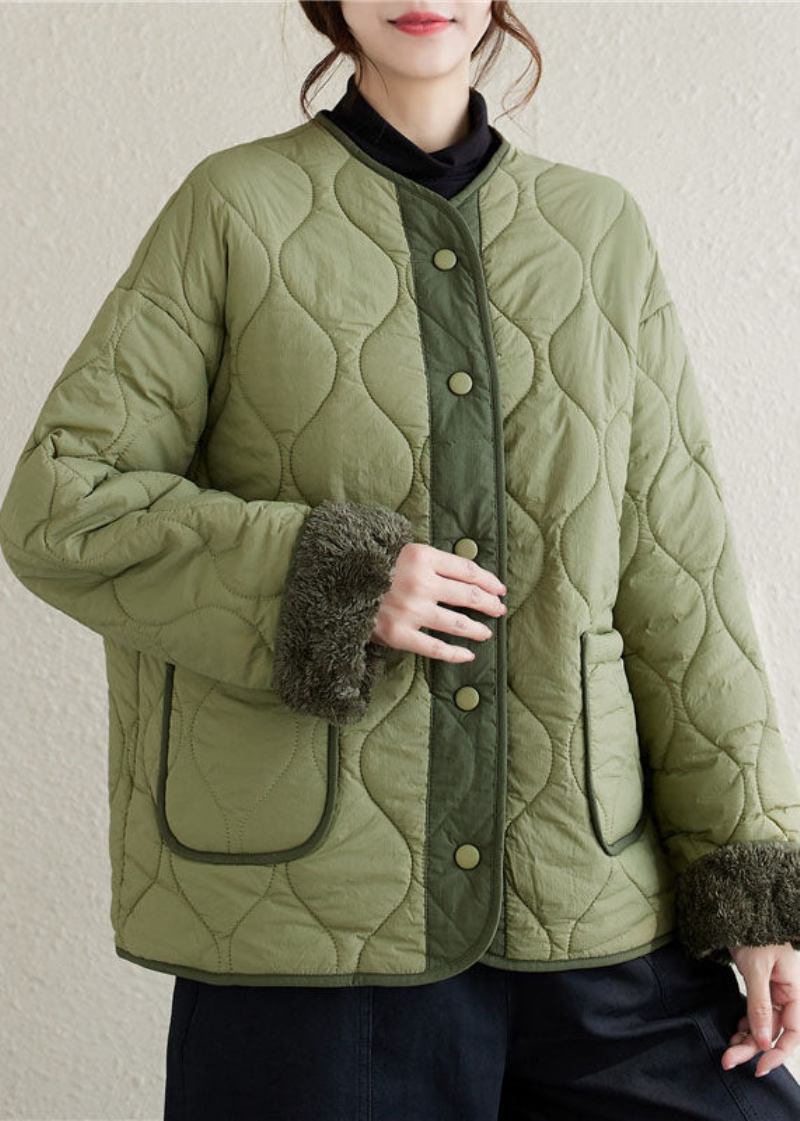 Übergroße Armeegrüne O-ausschnitt-patchwork-taschen Mit Knopf Fleece-wolle Gefütterter Parka Für Den Winter - Damen-Wollmäntel