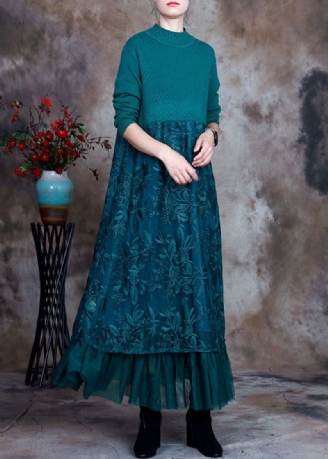 Vintage-kleid Aus Blauer Schmal Geschnittener Woll-patchwork-spitze Für Den Herbst