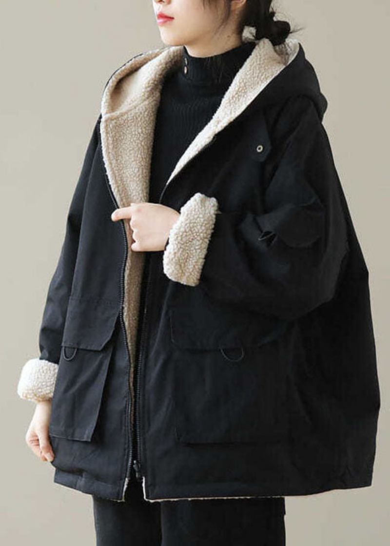 Vintage-parka Mit Schwarzem Fleece-wollfutter Und Reißverschluss Winter - Schwarz