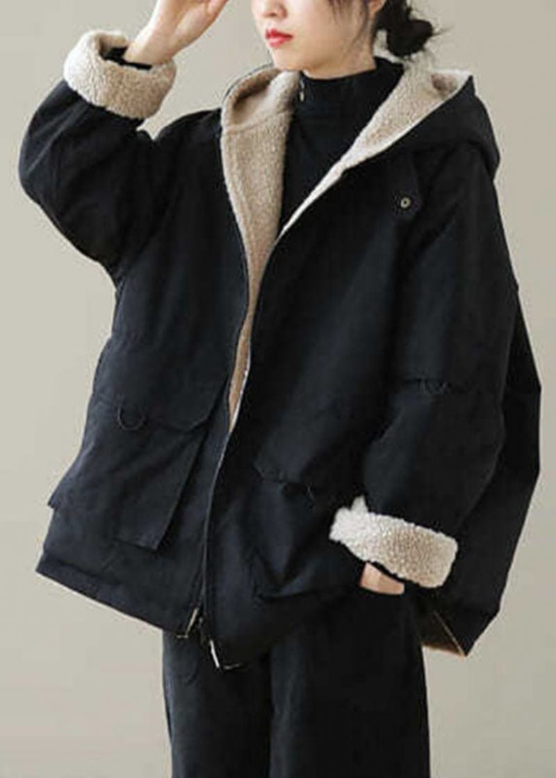 Vintage-parka Mit Schwarzem Fleece-wollfutter Und Reißverschluss Winter - Schwarz