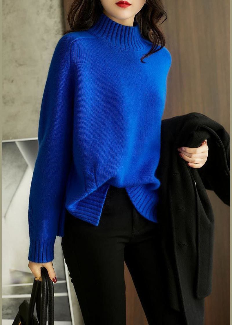 Vintage-slim-fit-herbstpullover Aus Blauer Seitlich Offener Wolle - Damen-Wollmäntel