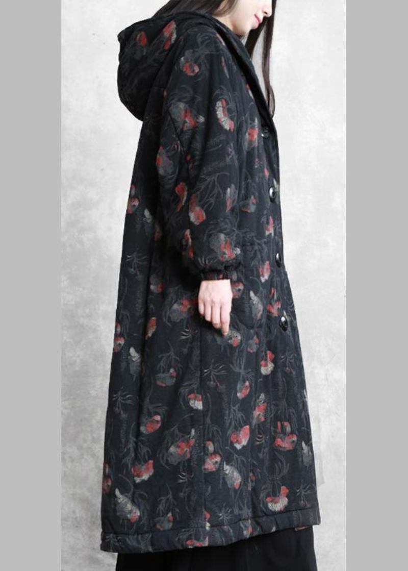 Vintage-trenchcoat In Übergröße Dunkelgrau Bedruckt Wollmantel Mit Knopfleiste Und Kapuze - Damen-Wollmäntel