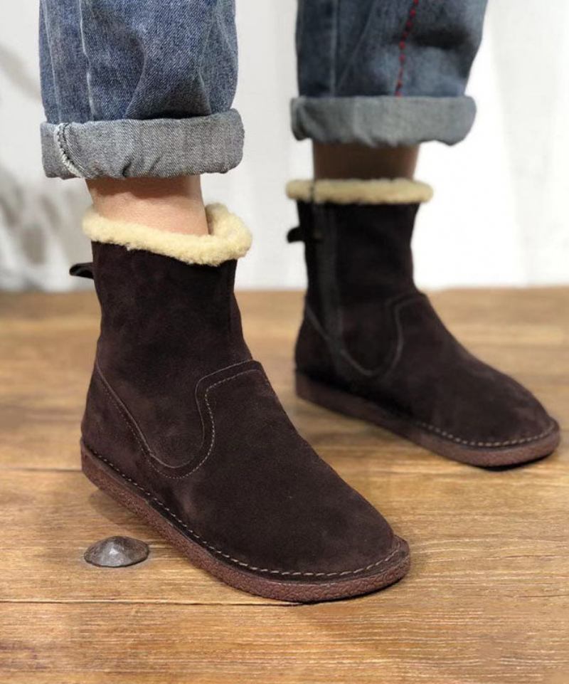 Weiche Schokoladenbraune Stiefel Aus Rindsleder Flauschige Flache Schuhe Mit Wollfutter