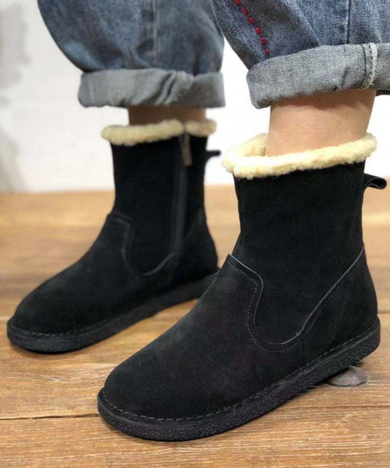 Weiche Schokoladenbraune Stiefel Aus Rindsleder Flauschige Flache Schuhe Mit Wollfutter - Kaffee