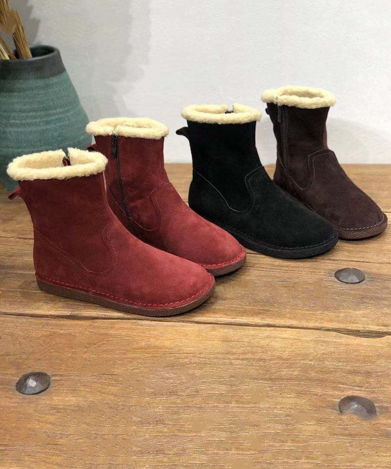 Weiche Schokoladenbraune Stiefel Aus Rindsleder Flauschige Flache Schuhe Mit Wollfutter - Kaffee