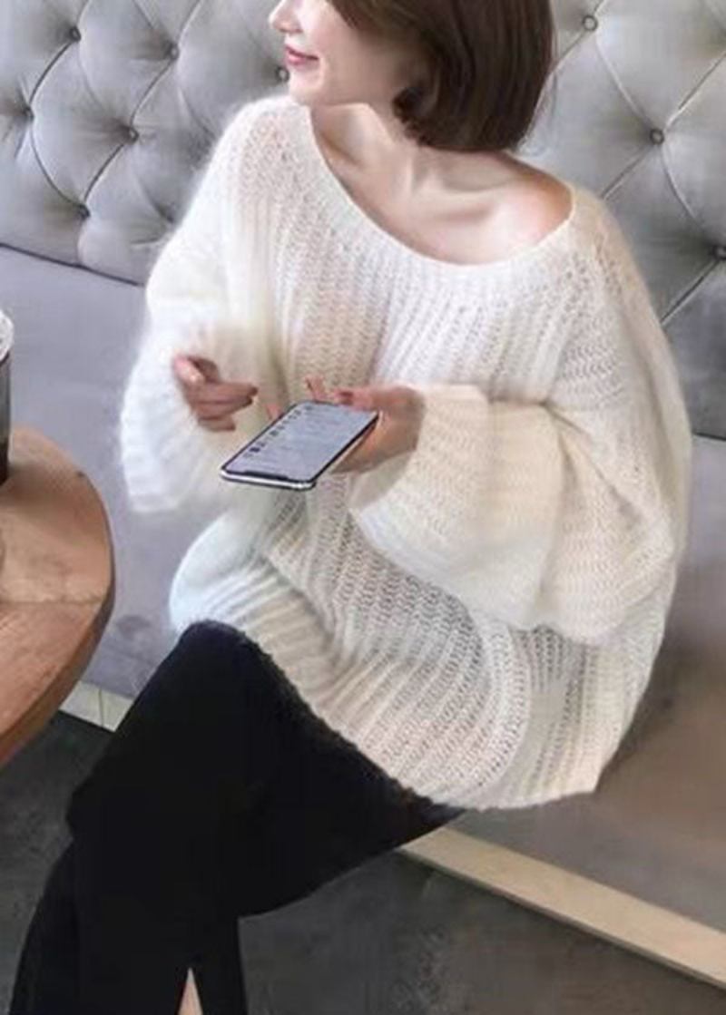 Weiße Kuschelige O-ausschnitt-wollstrickpullover Für Damen Mit Aussparung Frühling