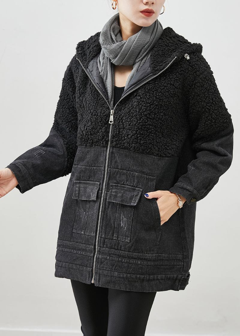 Weiße Patchwork-wolljacke Mit Kapuze Feine Baumwollfüllung Winter Mit Fleecewolle Gefütterter Denim-trenchcoat Mit Taschen Für Den Herbst - Damen-Wollmäntel