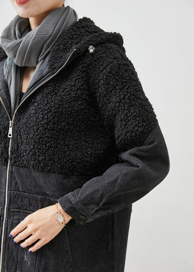 Weiße Patchwork-wolljacke Mit Kapuze Feine Baumwollfüllung Winter Mit Fleecewolle Gefütterter Denim-trenchcoat Mit Taschen Für Den Herbst - Damen-Wollmäntel