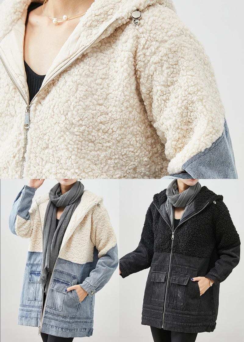 Weiße Patchwork-wolljacke Mit Kapuze Feine Baumwollfüllung Winter Mit Fleecewolle Gefütterter Denim-trenchcoat Mit Taschen Für Den Herbst - Damen-Wollmäntel