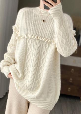 Weißer Gemütlicher O-ausschnitt-pullover Aus Wollstrick Mit Rüschen Und Patchwork Frühling