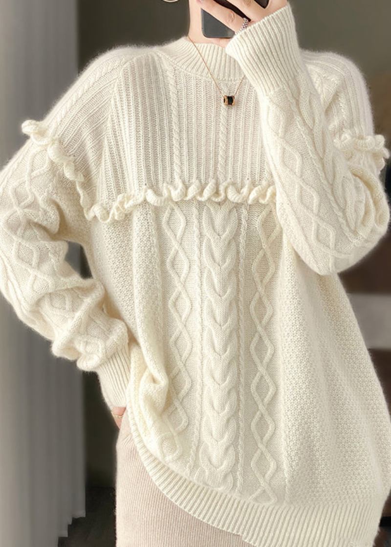 Weißer Gemütlicher O-ausschnitt-pullover Aus Wollstrick Mit Rüschen Und Patchwork Frühling - Damen-Wollmäntel