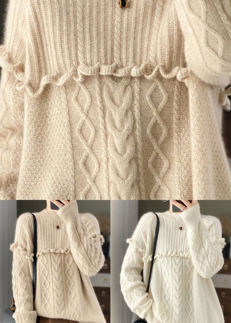 Weißer Gemütlicher O-ausschnitt-pullover Aus Wollstrick Mit Rüschen Und Patchwork Frühling - Damen-Wollmäntel