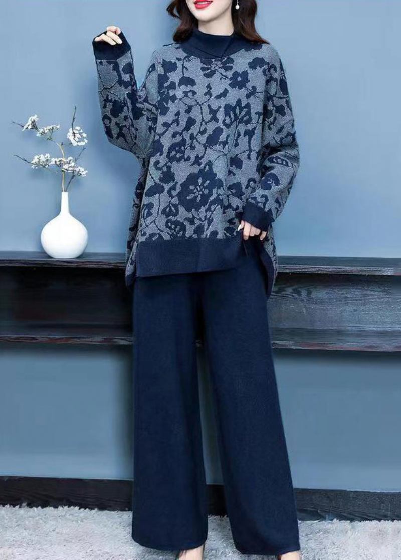 Zweiteiliges Asymmetrisches Wollset Mit Patchwork-muster In Marineblau Für Den Herbst - Damen-Wollmäntel