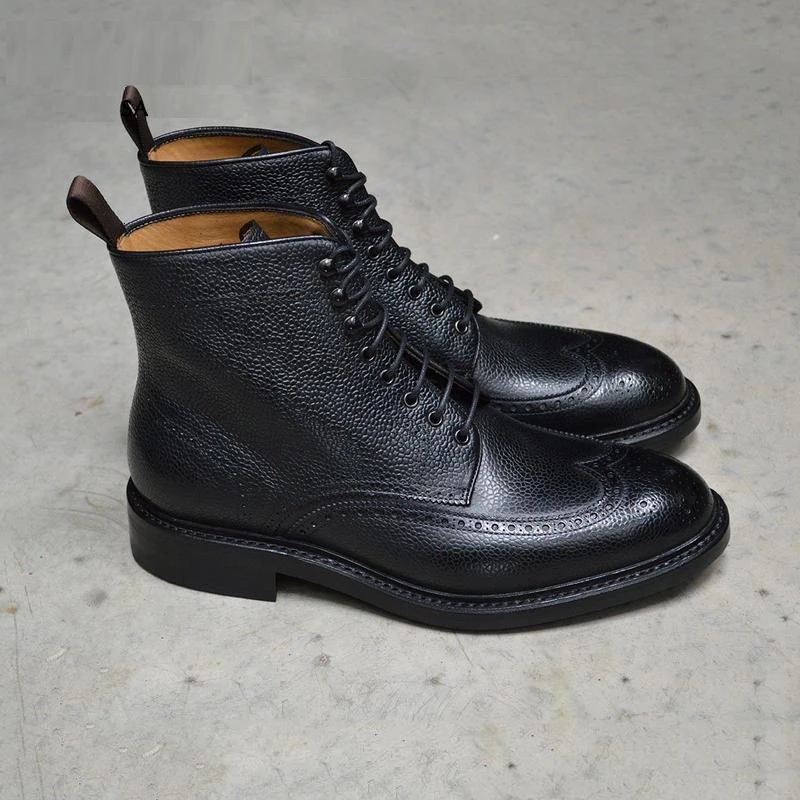 Brogue-schnürstiefel Für Herren Arbeitsstiefel Aus Echtem Leder Rutschfest - Schwarz