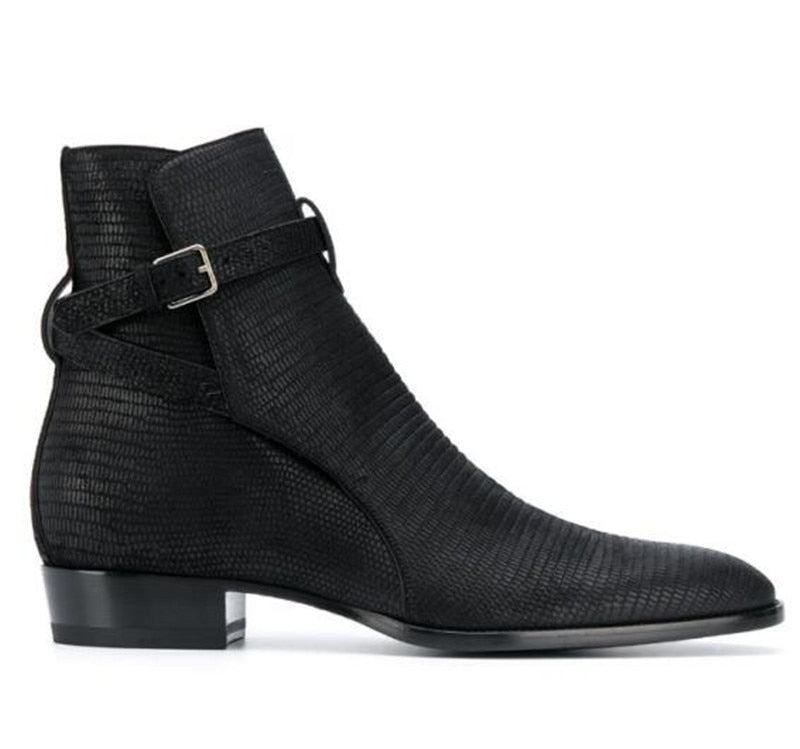 Designer-luxusstiefel Mit Eidechsenmuster Und Spitzer Spitze Aus Echtem Leder Mit Schnallenriemen - Schwarz