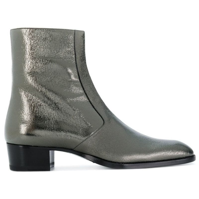 Echtes Leder Splitterfarben Sexy Stiefeletten Keilabsatz Stiefel Mit Spitzer Spitze Für Herren - Silber