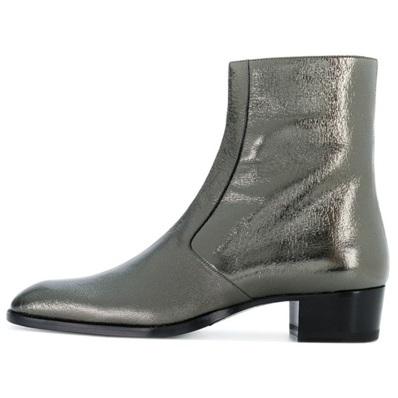 Echtes Leder Splitterfarben Sexy Stiefeletten Keilabsatz Stiefel Mit Spitzer Spitze Für Herren - Silber