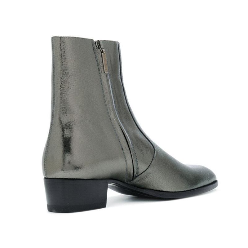 Echtes Leder Splitterfarben Sexy Stiefeletten Keilabsatz Stiefel Mit Spitzer Spitze Für Herren - Silber