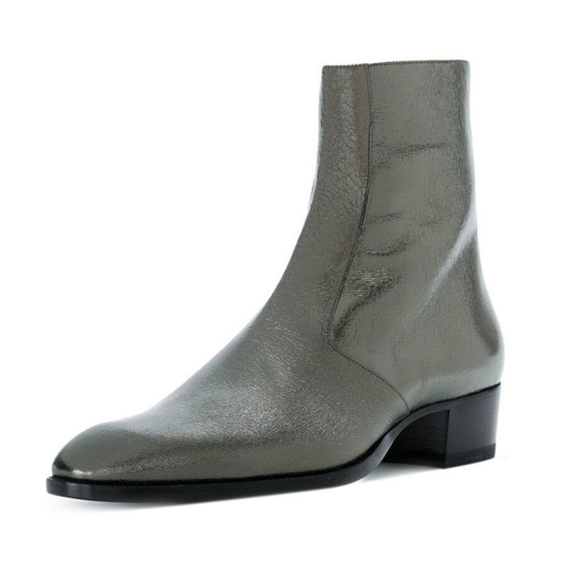 Echtes Leder Splitterfarben Sexy Stiefeletten Keilabsatz Stiefel Mit Spitzer Spitze Für Herren - Silber