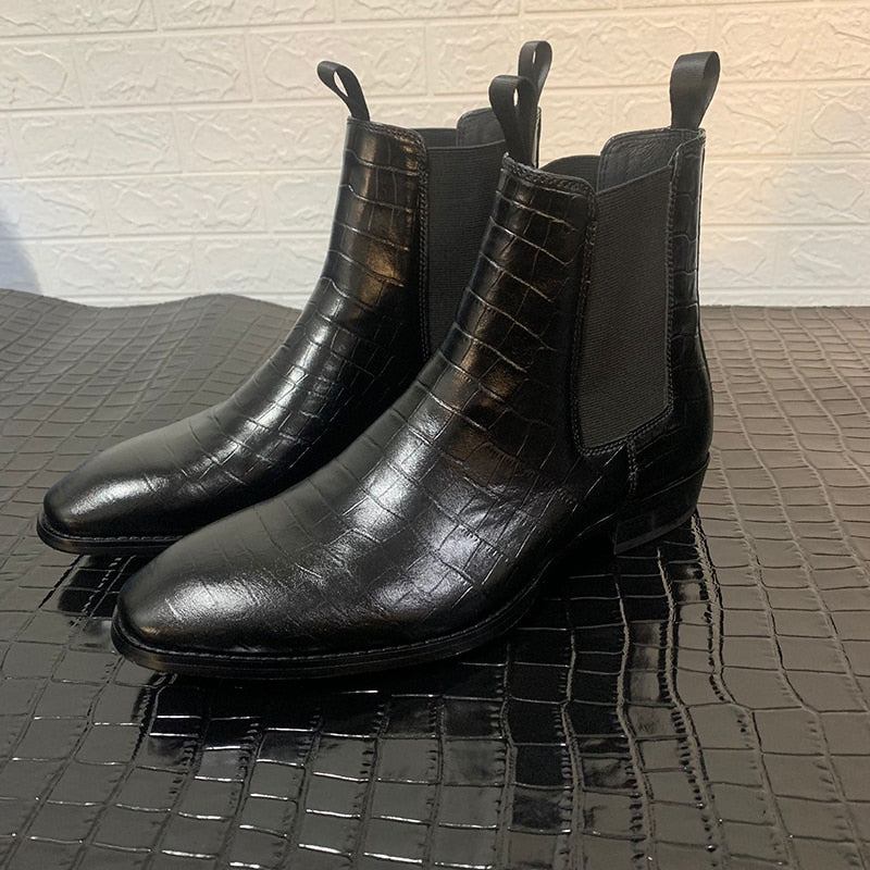 Exklusive Slip-on-paris Chelsea-stiefel Aus Leder Mit Steinmuster Und Keilabsatz Handgefertigt - Schwarz