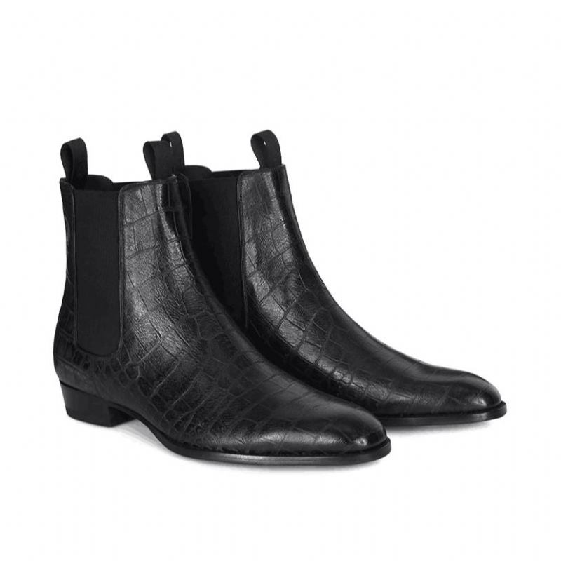 Exklusive Slip-on-paris Chelsea-stiefel Aus Leder Mit Steinmuster Und Keilabsatz Handgefertigt - Schwarz