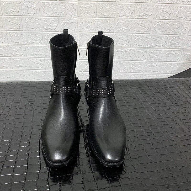 Handgefertigte Luxus-designer-nieten Keilabsatzstiefel Mit Schnallenriemen Ritterstiefel Mit Hohem Denim-harnisch - Schwarz