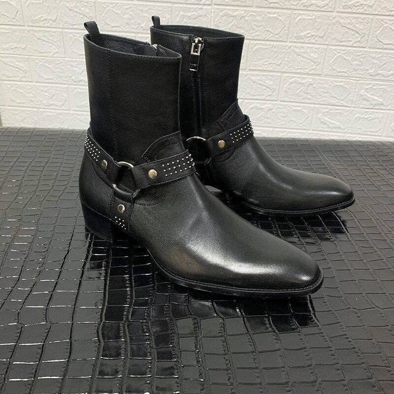 Handgefertigte Luxus-designer-nieten Keilabsatzstiefel Mit Schnallenriemen Ritterstiefel Mit Hohem Denim-harnisch - Schwarz