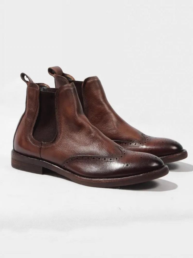 Herren-chelsea-stiefel Aus Echtem Leder Slip-on-high-top-schuhe Runde Zehenpartie Britischer Stil Büro-stiefel Für Herren - Braun