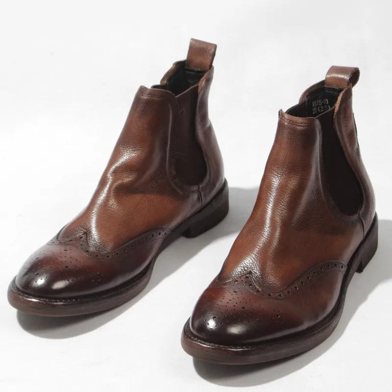 Herren-chelsea-stiefel Aus Echtem Leder Slip-on-high-top-schuhe Runde Zehenpartie Britischer Stil Büro-stiefel Für Herren - Braun