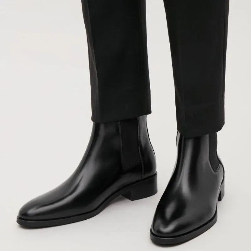 Herren-chelsea-stiefel Handgefertigt Schwarz Business-casual Klassischer Mittlerer Absatz Herren Stiefel - Schwarz