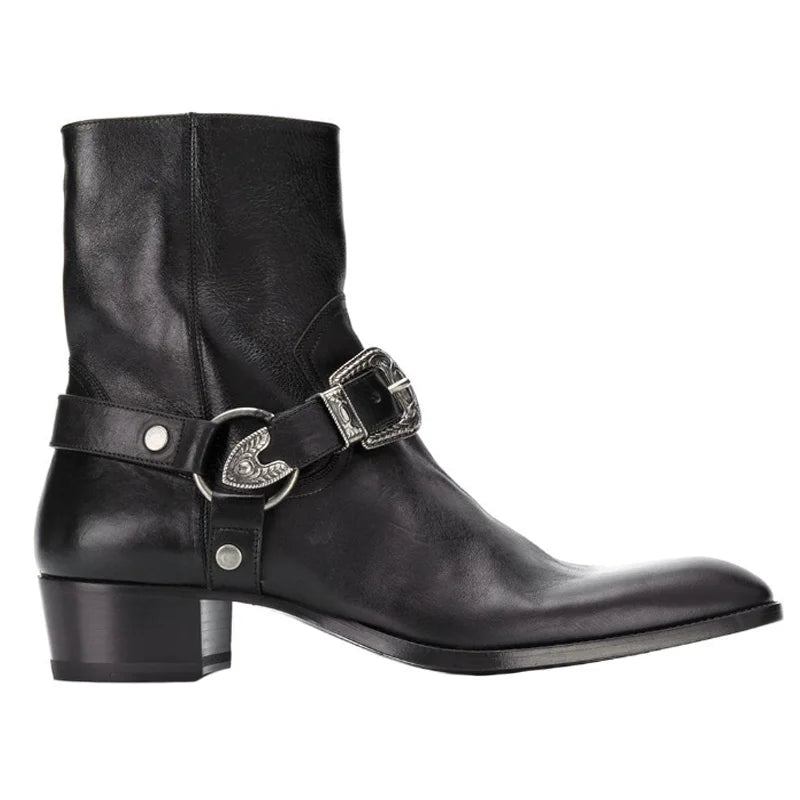 Herren-high-top-schuhe Stiefeletten Aus Echtem Leder Gothic-chelsea-stiefel Mit Reißverschluss Und Schnalle Spitzer Zehenbereich Erhöhte Zehenpartie - Schwarz