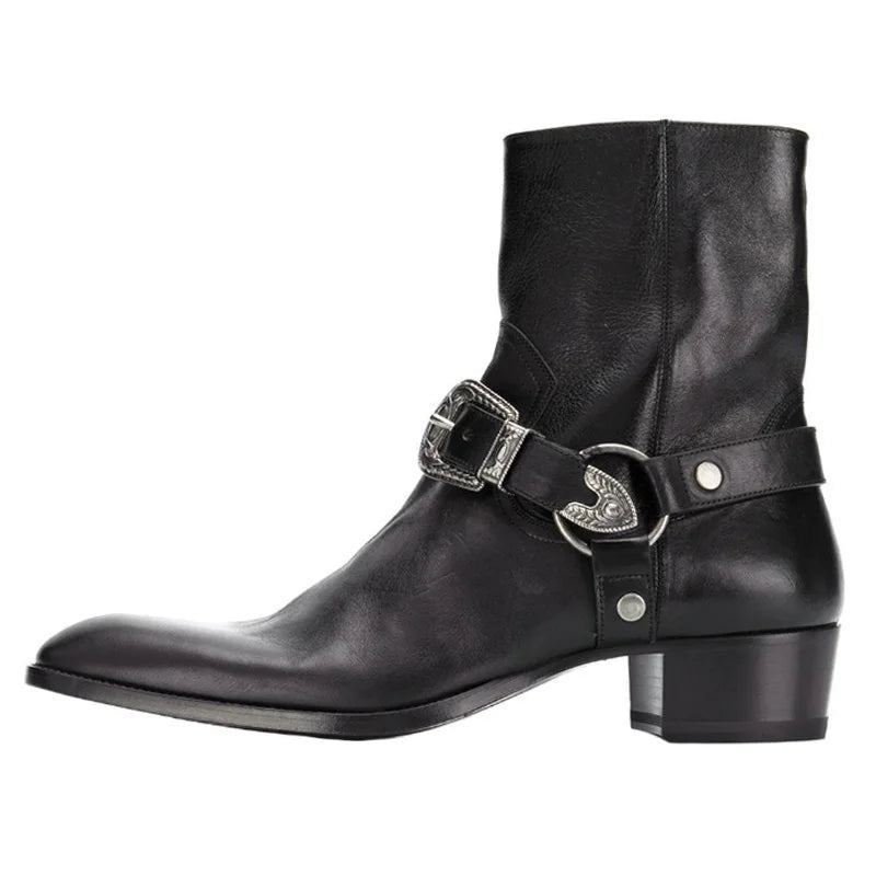 Herren-high-top-schuhe Stiefeletten Aus Echtem Leder Gothic-chelsea-stiefel Mit Reißverschluss Und Schnalle Spitzer Zehenbereich Erhöhte Zehenpartie - Schwarz